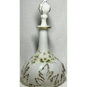 Antique Dithridge White Milk Glass Wine Decanter White Gold & Lt. Peach Flowers